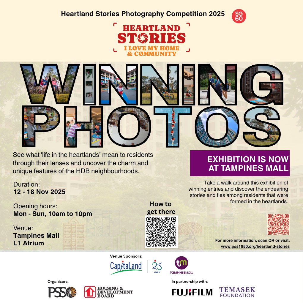 A vibrant display of winning photographs from the Heartland Stories Exhibition at Tampines Mall.