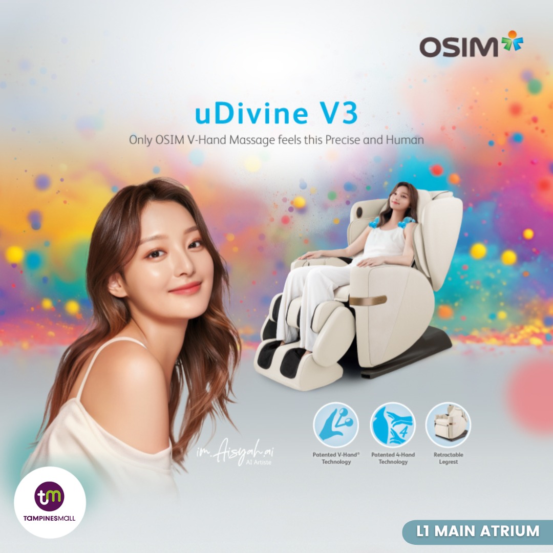 A person relaxing in an OSIM massage chair at an event