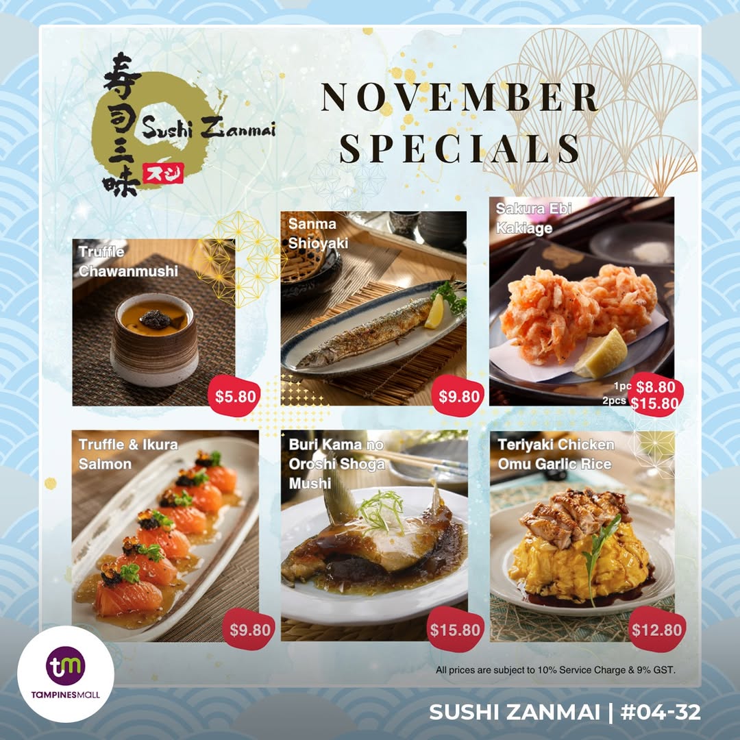 A spread of delicious Japanese dishes, including Truffle Chawanmushi, Sakura Ebi Kakiage, and Teriyaki Chicken Omu Garlic Rice.