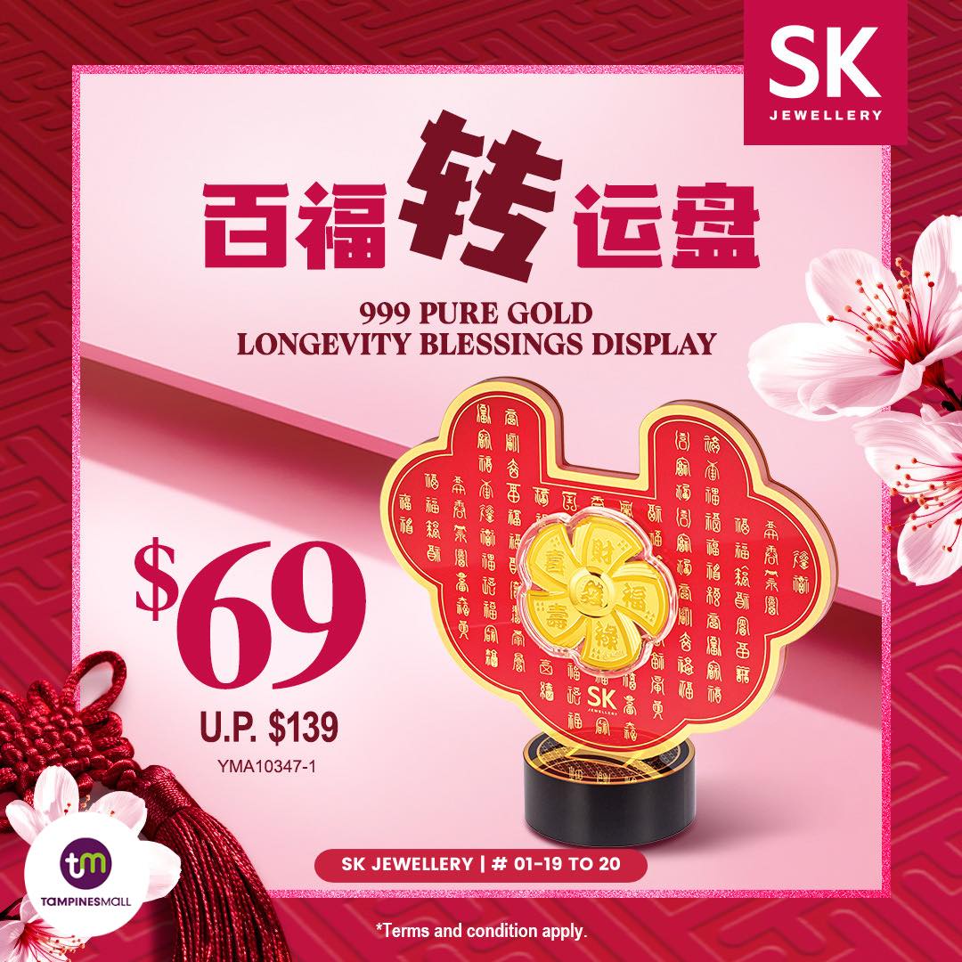 SK Jewellery 999 Pure Gold Longevity Blessings Display