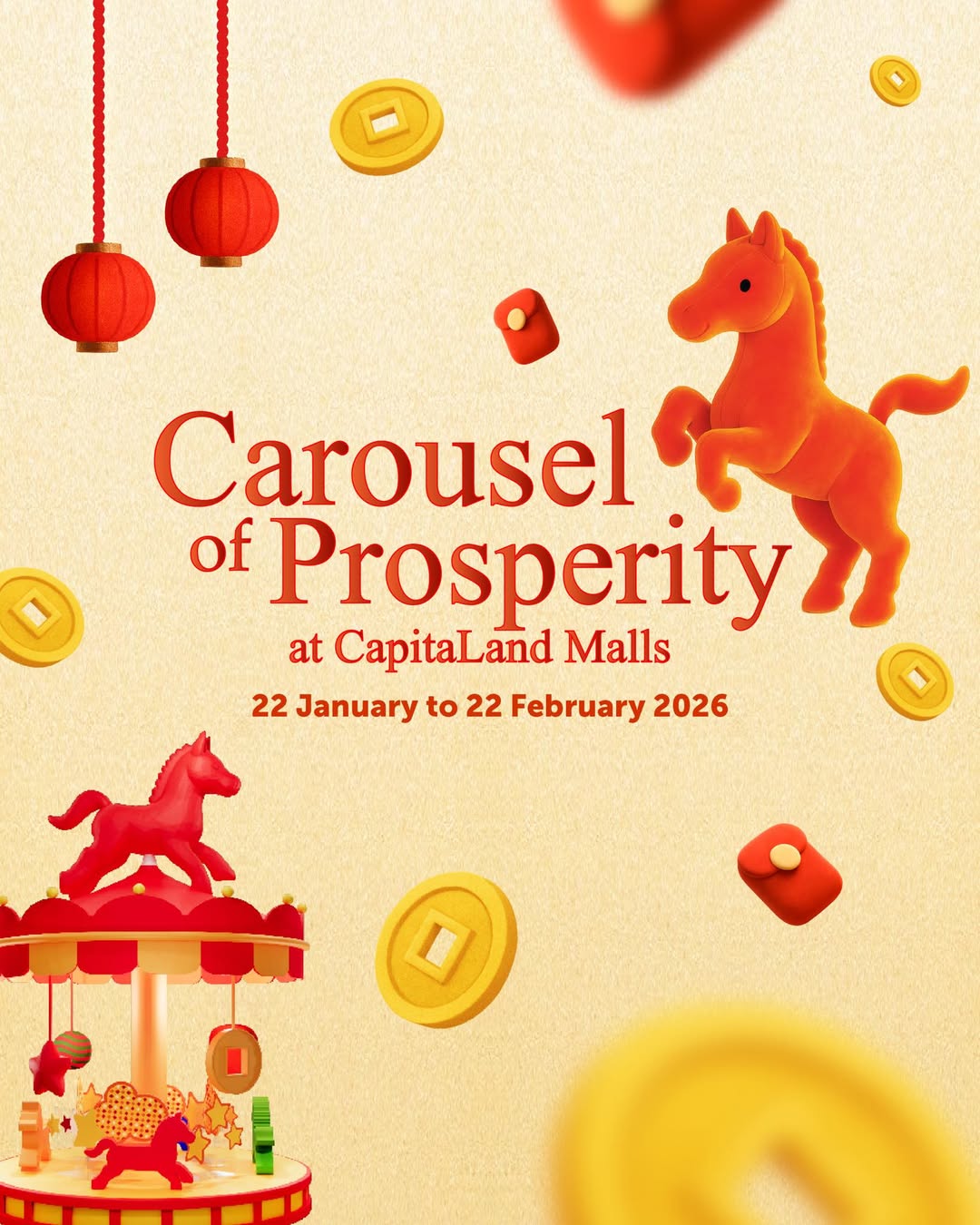 A festive Chinese New Year display at a CapitaLand mall featuring the Carousel of Prosperity.