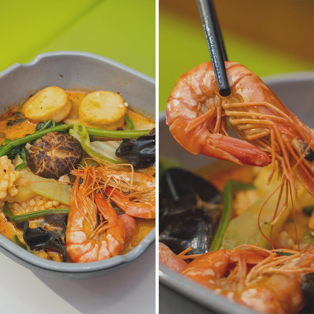 Seafood malatang bowl with prawns, tofu puffs, mushrooms and corn
