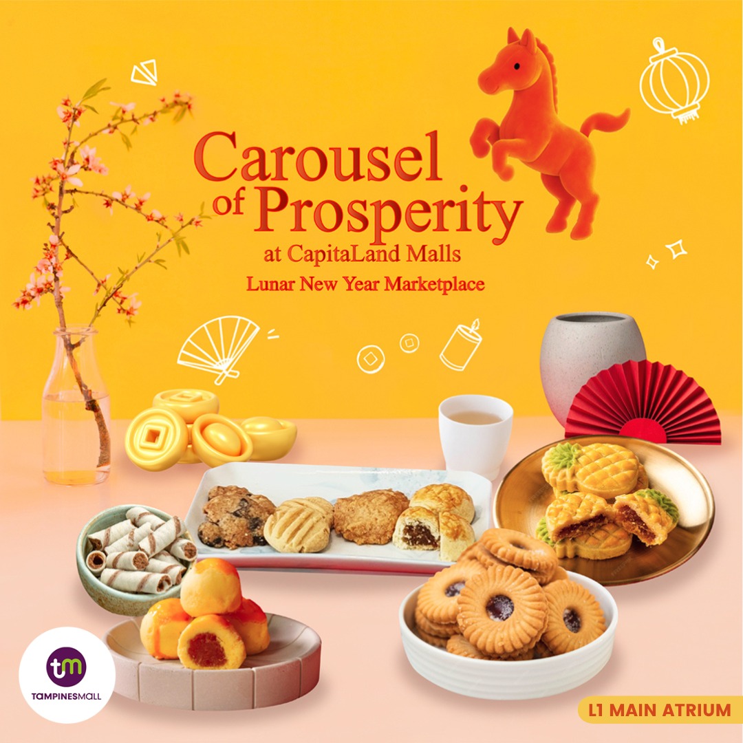 A vibrant display of traditional Lunar New Year cookies and festive gift sets.