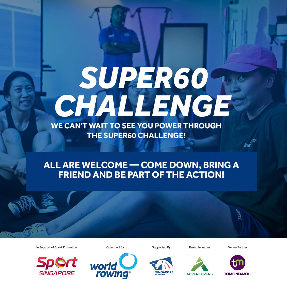 Athletes competing fiercely on rowing machines