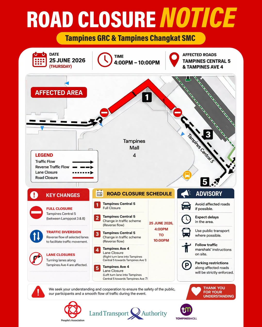 Tampines Mall road closure notice for Tampines Community Street Night