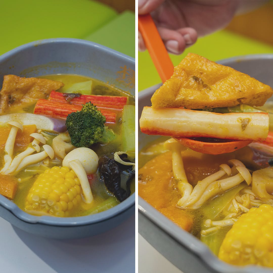 Hot pot bowl with corn, broccoli, enoki mushrooms and tofu puffs