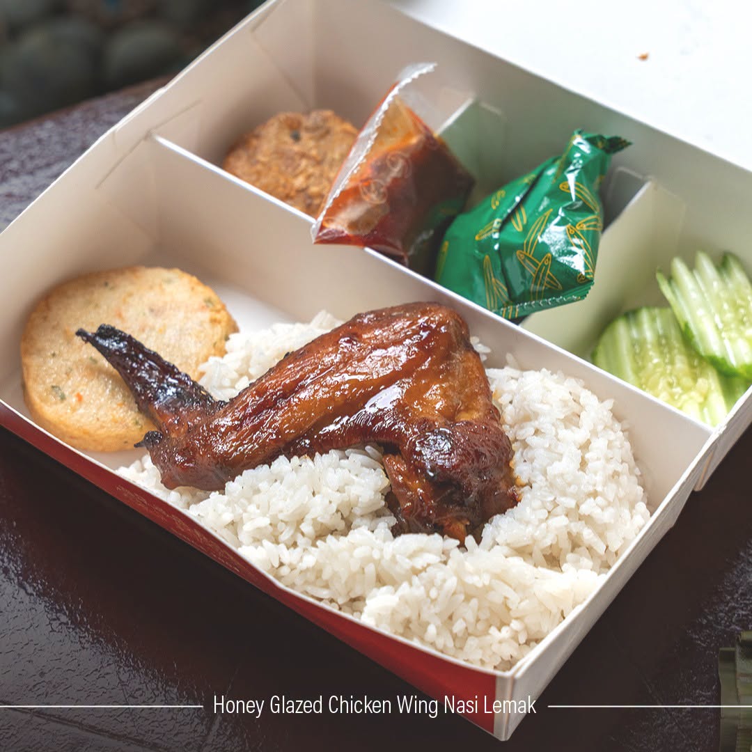 Honey Glazed Chicken Wing Nasi Lemak takeaway box