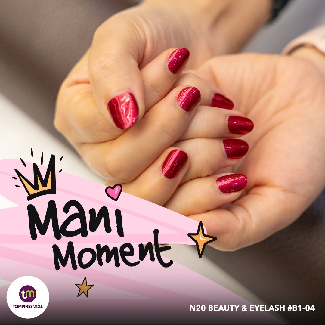 N20 Beauty and Eyelash red metallic nail design at Tampines Mall #B1-04 Mani Moment campaign
