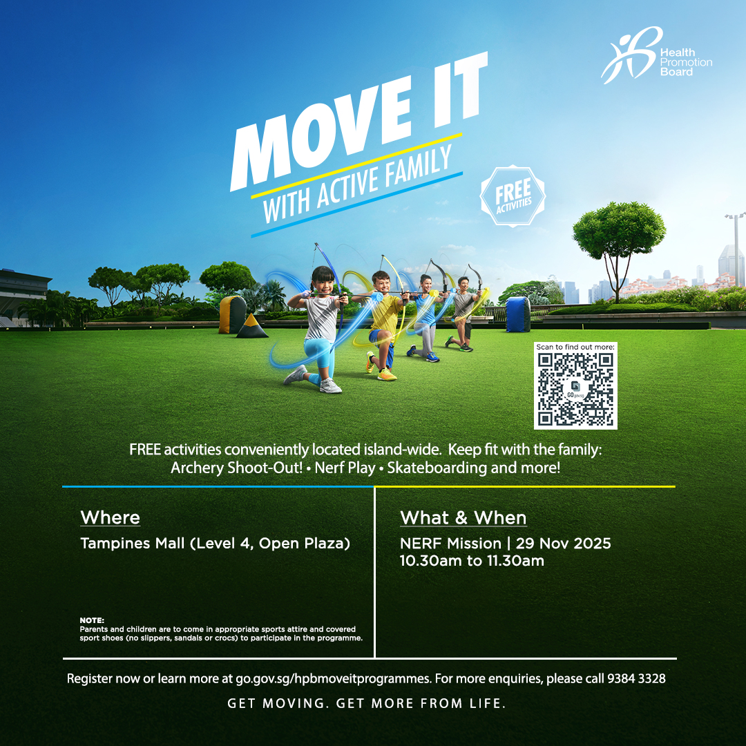 Families participating in the Health Promotion Board's MOVE IT programme with NERF blasters.