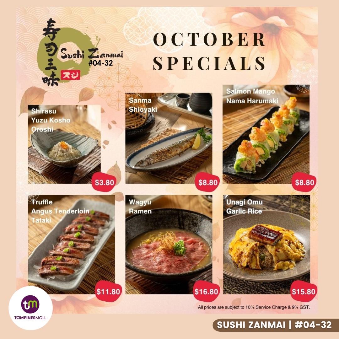 A captivating selection of Sushi Zanmai SG's new October dishes, including sushi rolls, tataki, and ramen.