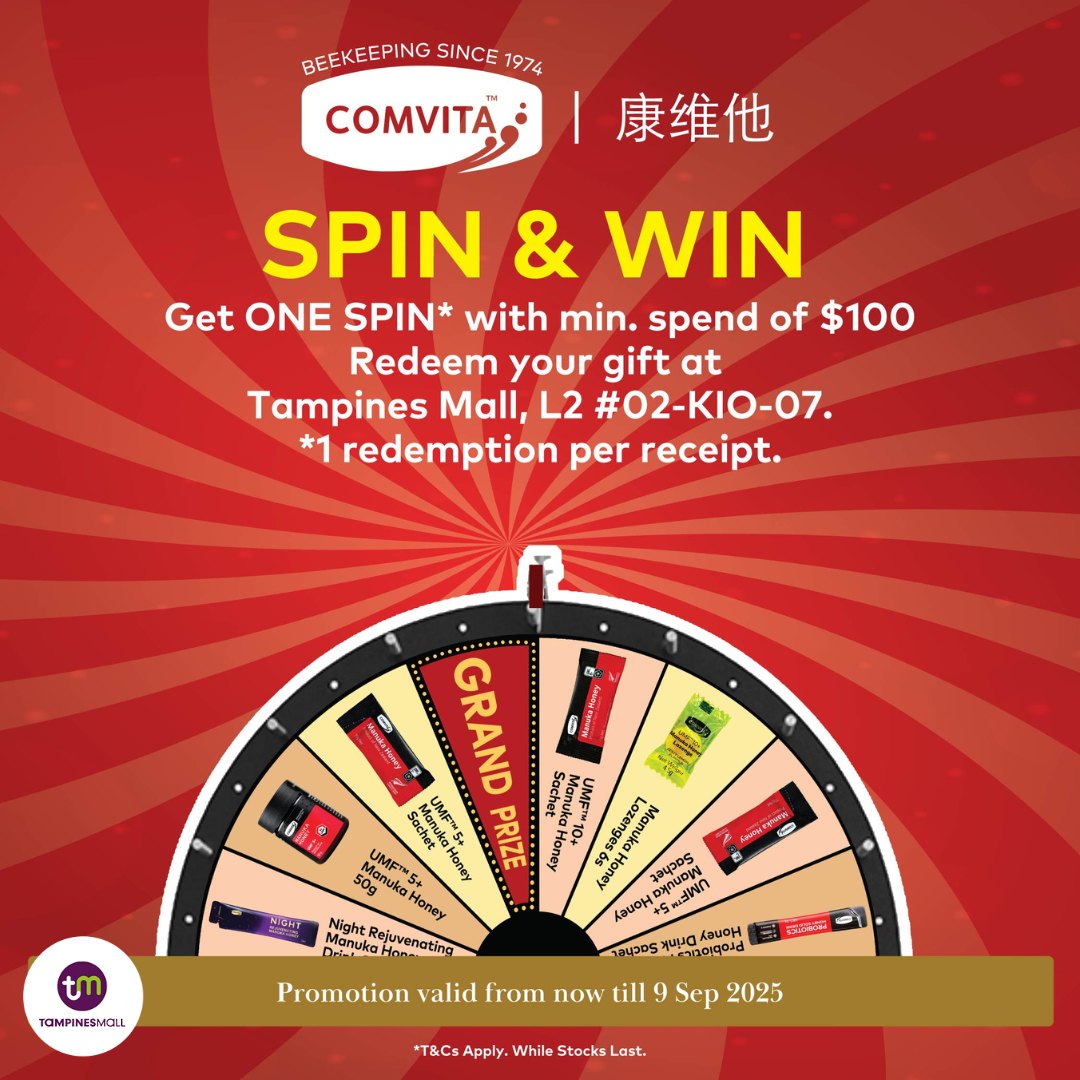 Comvita Manuka Honey promotion banner at Tampines Mall