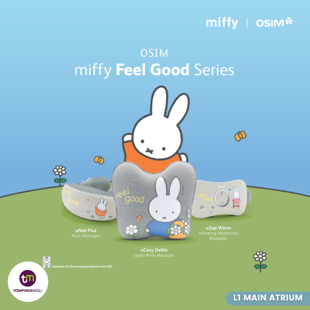 A collection of OSIM x Miffy Massager Series products, including neck and body relief devices.